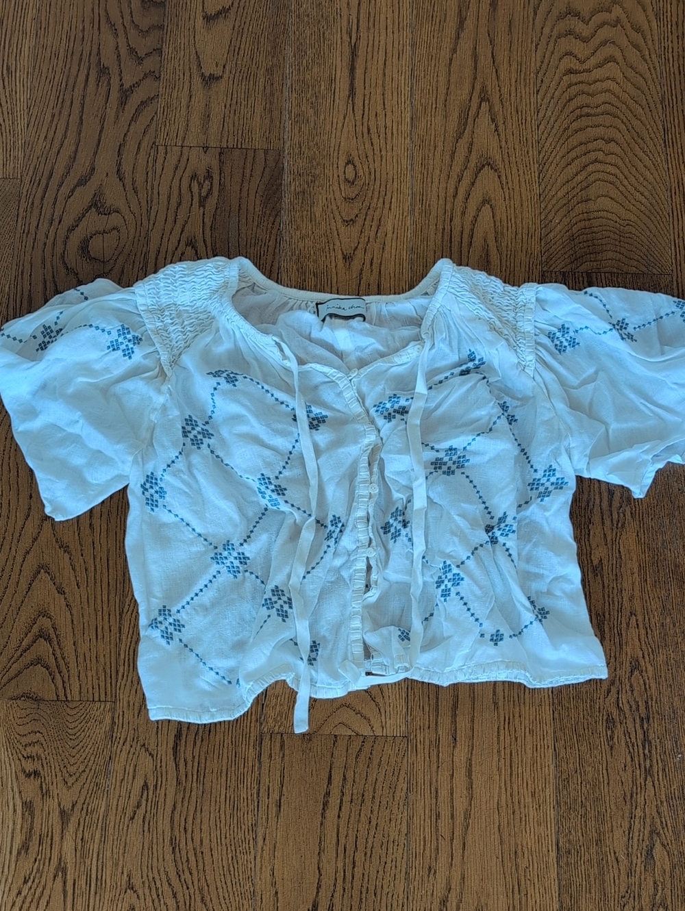 Innika Choo White & Blue Embroidered Peasant Top